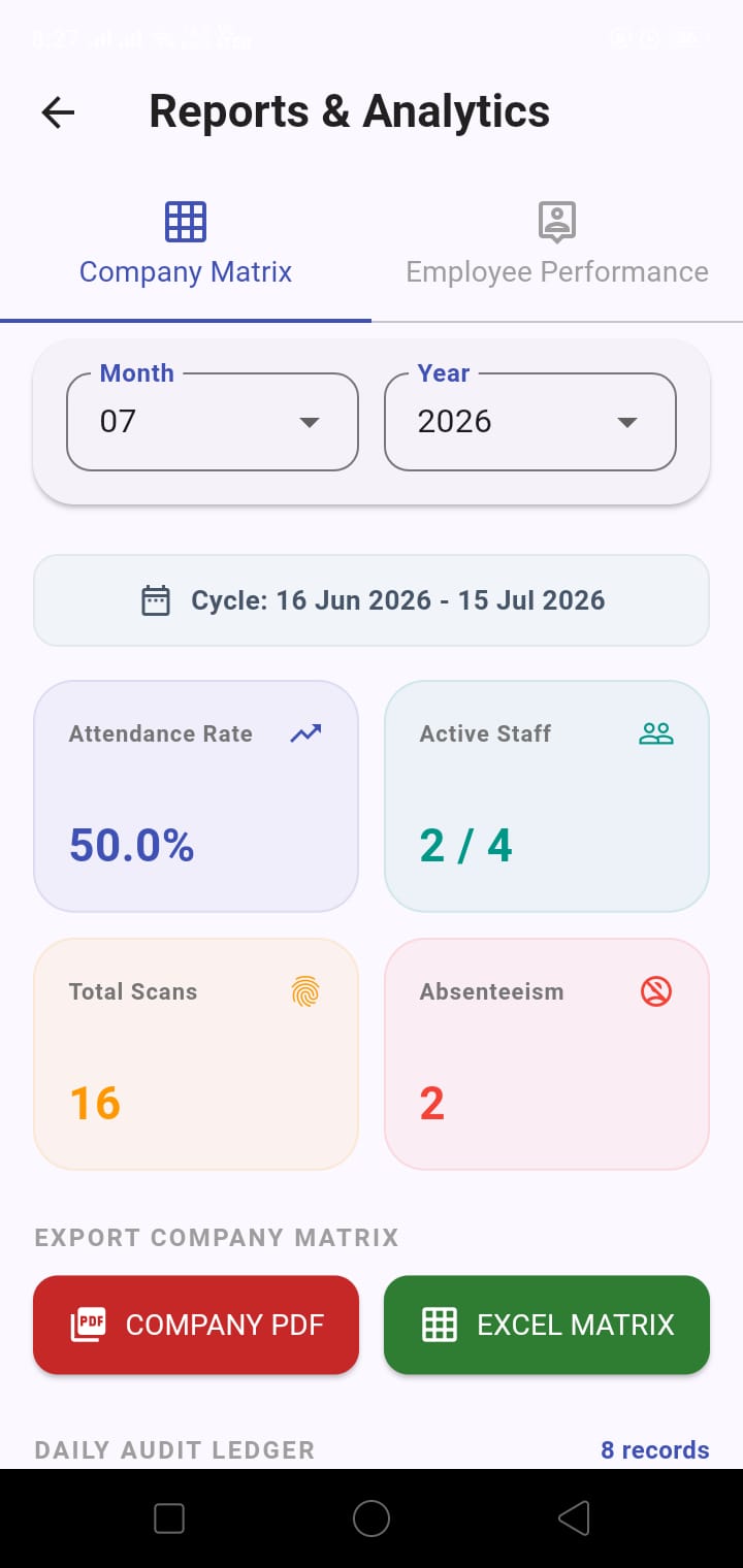 Custom Payroll Cycle and Bearer Token settings panel mockup in the Attendance Machine app